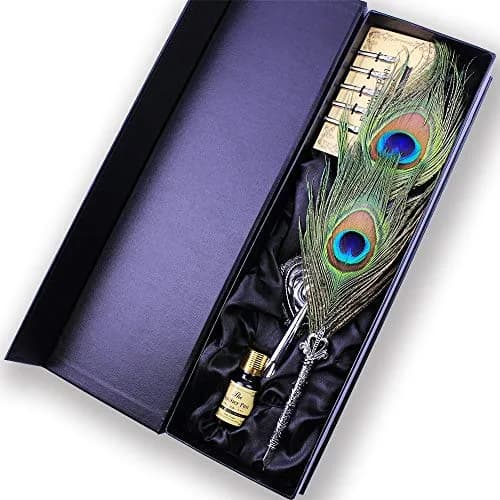 Featty Gifts Antique Natural Peacock Feather Pen Set | 10-Piece Set thumbnail 1