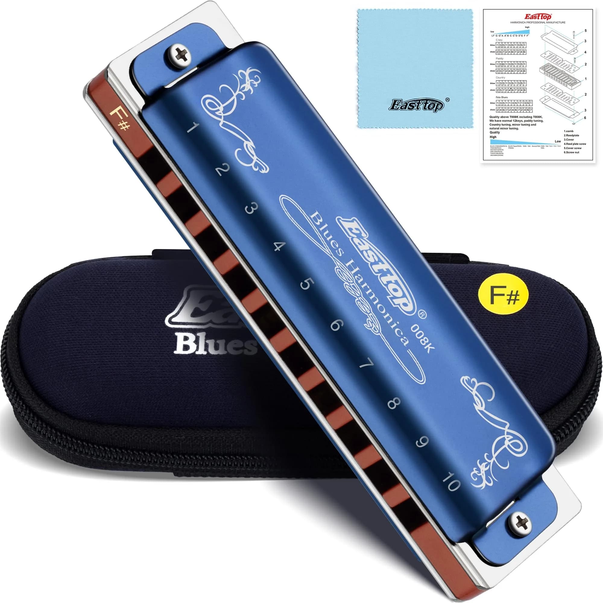East top Diatonic Harmonica Key of F# 10 Holes | Rich Sound & Portable for Beginners & Pros — blue-F#