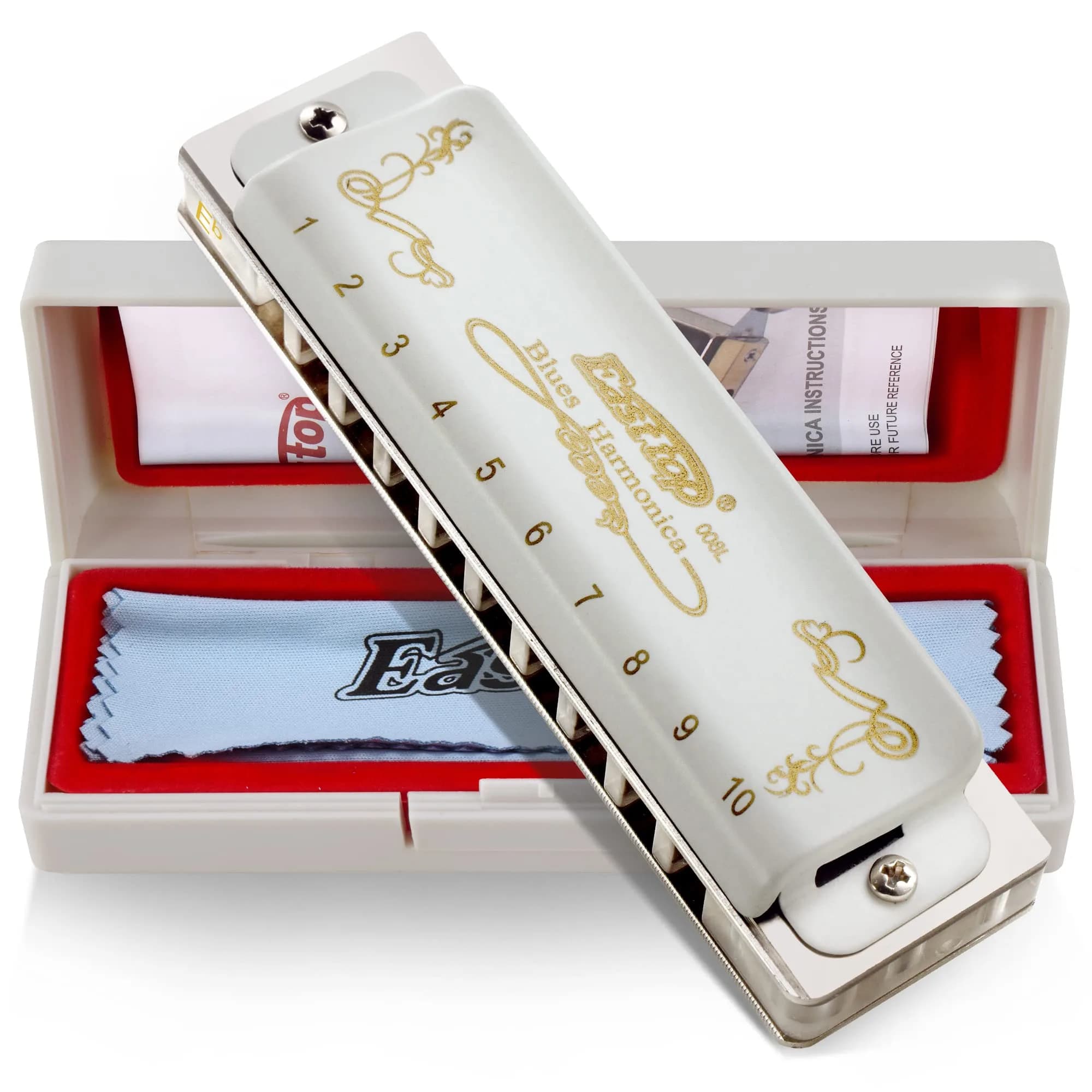 East top Diatonic Blues Harmonica Eb | Professional Brass & Acrylic, White