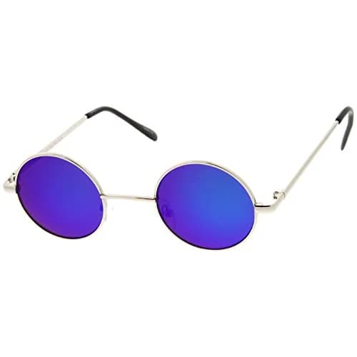 zeroUV Small Retro Classic Style Colored Mirror Lens Round Metal Sunglasses 41mm (Silver/Green-Blue Mirror) | UV400 Protection thumbnail 1