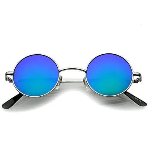 zeroUV Small Retro Classic Style Colored Mirror Lens Round Metal Sunglasses 41mm (Silver/Green-Blue Mirror) | UV400 Protection thumbnail 6