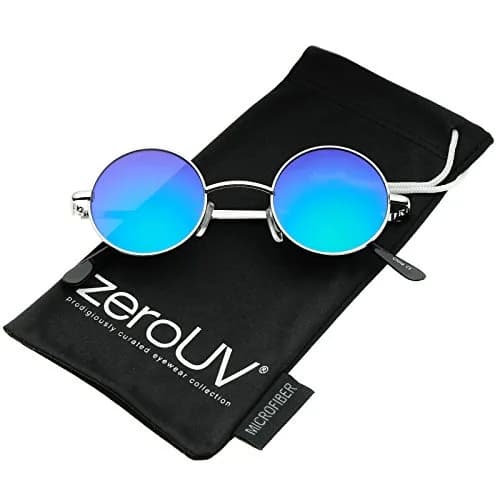 zeroUV Small Retro Classic Style Colored Mirror Lens Round Metal Sunglasses 41mm (Silver/Green-Blue Mirror) | UV400 Protection thumbnail 2