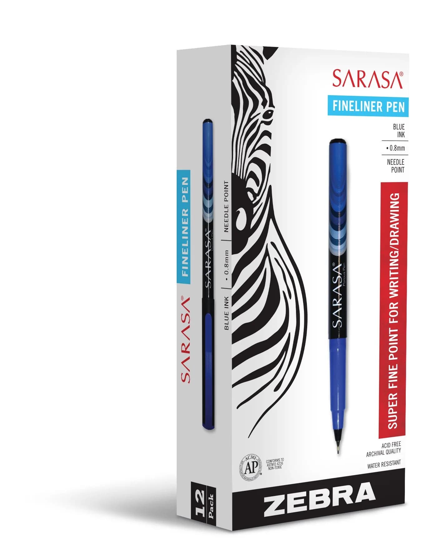 Zebra Pen Sarasa Fineliner Pen, 0.8mm, Blue (12-Pack) | Smooth Ink Flow for Artists & Students - main product image