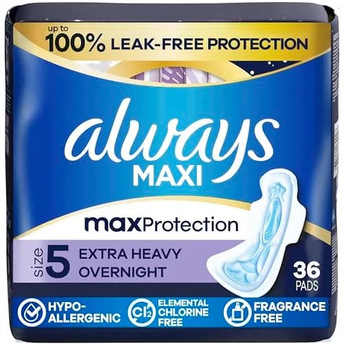 Always Maxi Overnight Pads with Wings Size 5 Extra Heavy 36 Count | 11 Hours Protection thumbnail 1