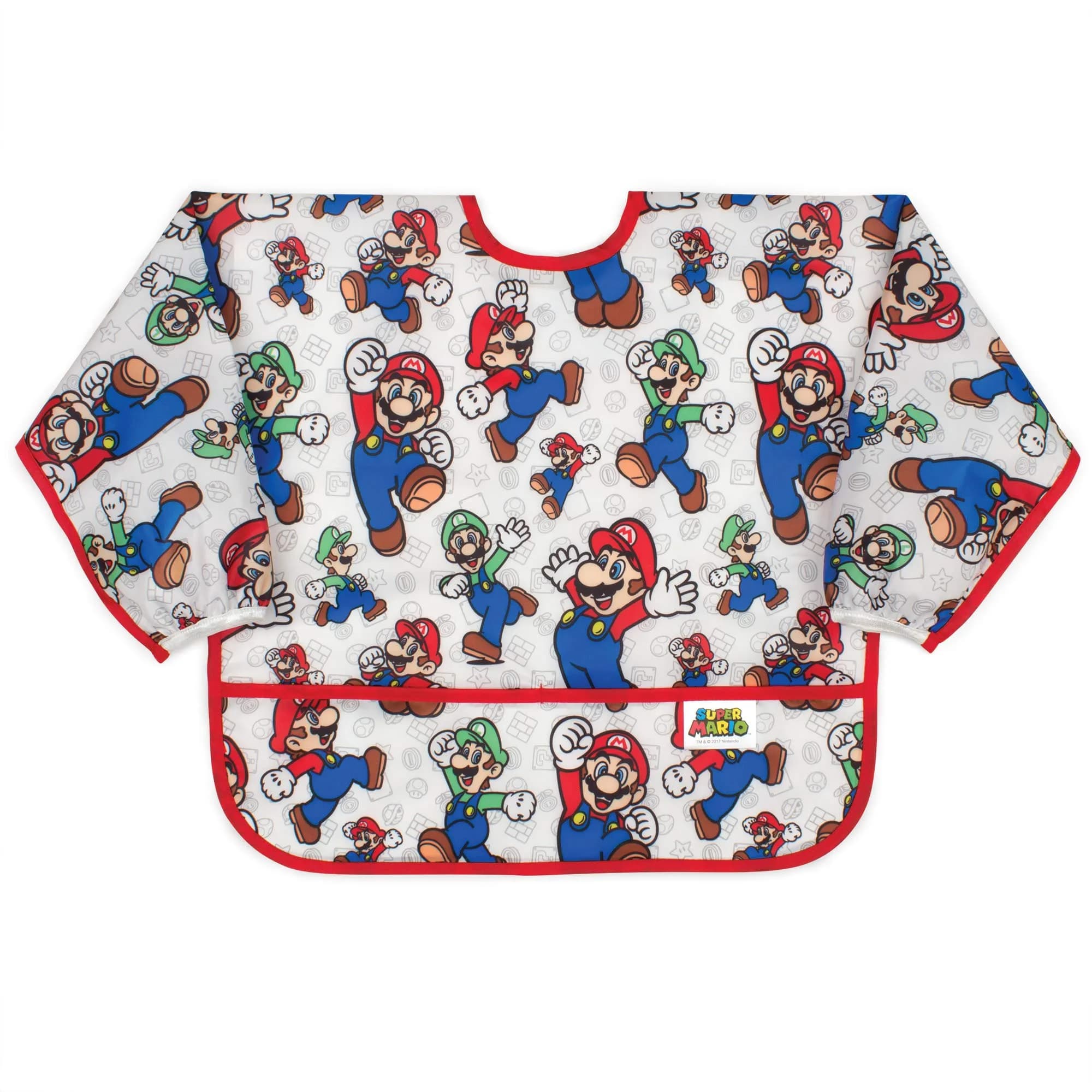 Bumkins Sleeved Bib Mario & Luigi 6-24 Months | Waterproof Fabric Feeding Smock — J3 Mario & Luigi