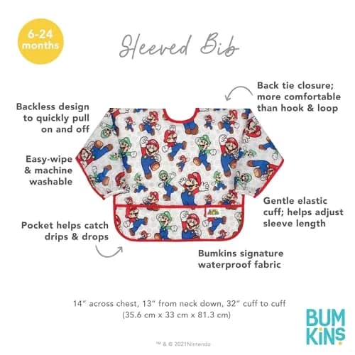 Bumkins Sleeved Bib Mario & Luigi 6-24 Months | Waterproof Fabric Feeding Smock thumbnail 5
