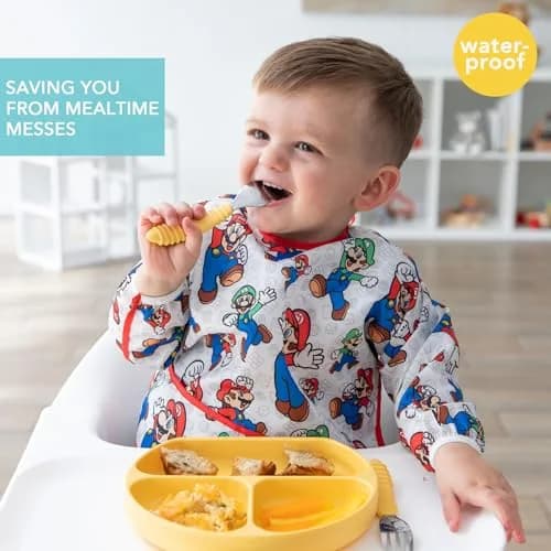 Bumkins Sleeved Bib Mario & Luigi 6-24 Months | Waterproof Fabric Feeding Smock thumbnail 2