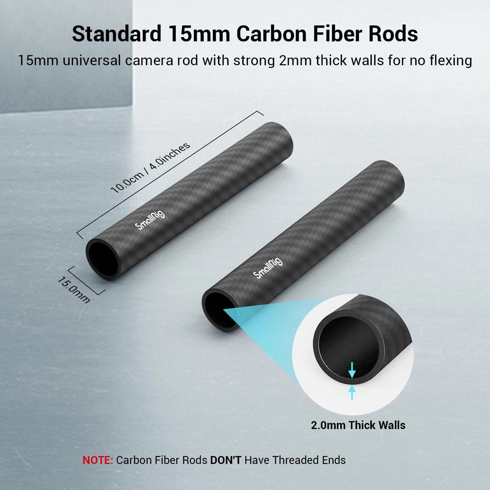 SMALLRIG 15mm Carbon Fiber Camera Rods 10cm (4") 2-Pack | Lightweight & Rigid Support for Camera Rigs - view 2