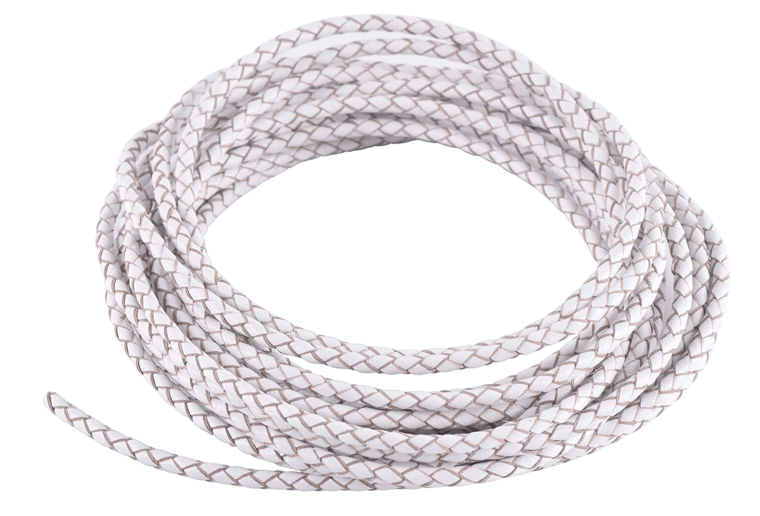 KONMAY 5mm (0.197 in) Black Braided Leather Bolo Cord 2 Yards | Genuine Cowhide for Jewelry Crafts — White / 3.0mm