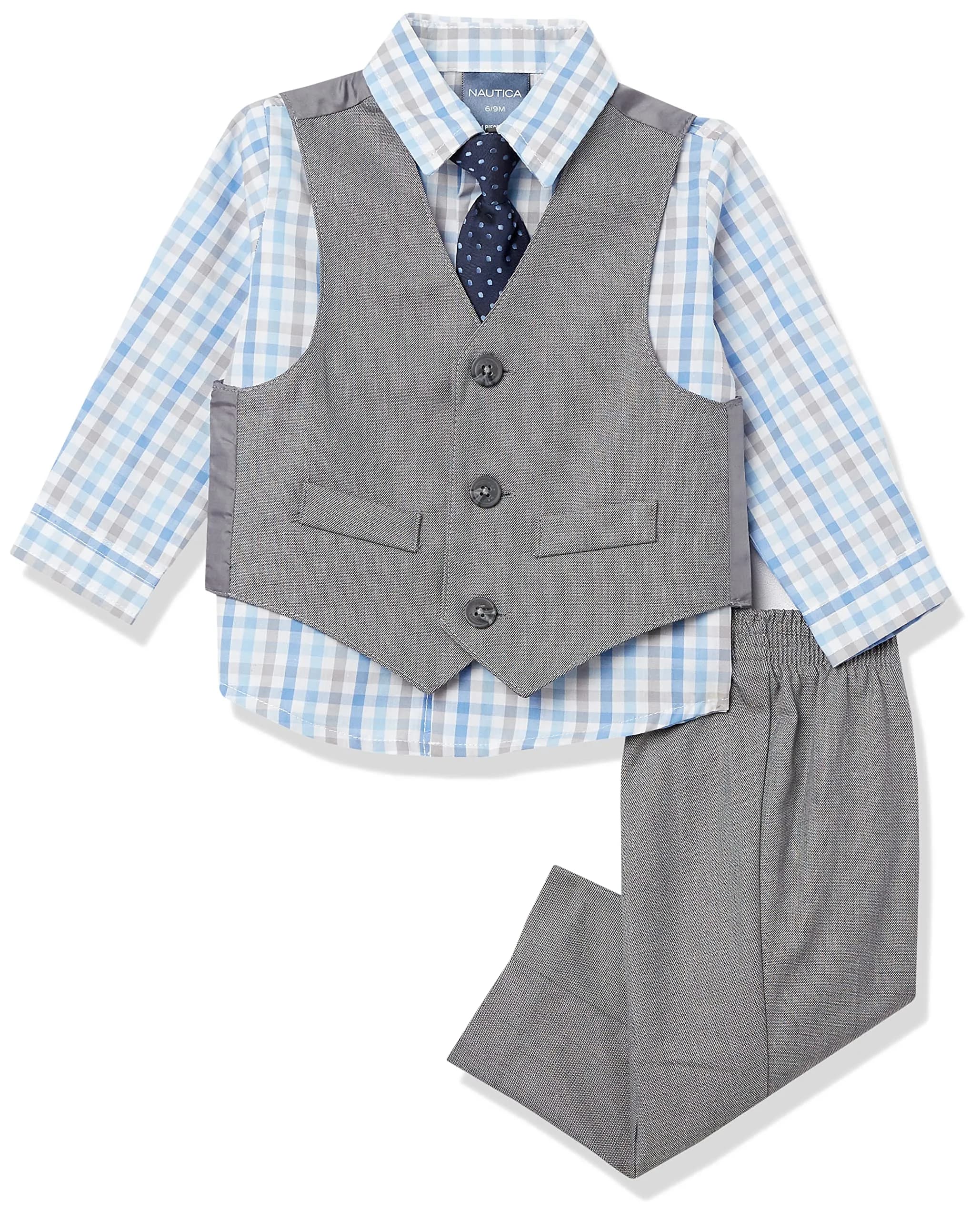 Nautica Dressy Vest Set, Light Grey/Blue Check | 24M, Cotton Blend, Formal Baby Suit