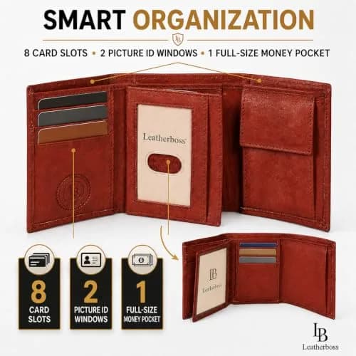 LB LEATHERBOSS Genuine Leather Trifold Wallet for Men & Women | Slim Compact Brown (10.6cm x 8.6cm x 3.5cm) thumbnail 4