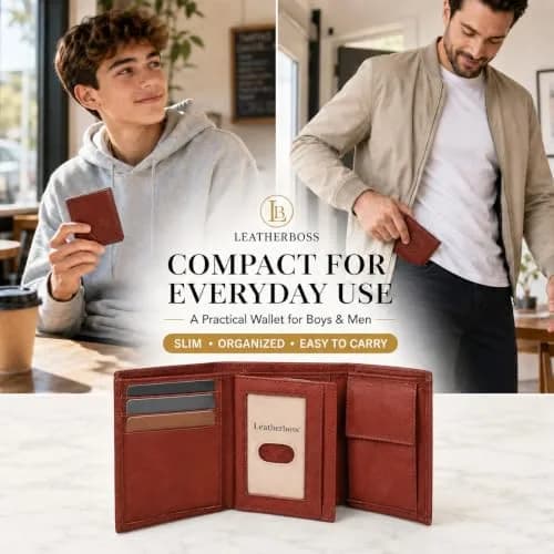 LB LEATHERBOSS Genuine Leather Trifold Wallet for Men & Women | Slim Compact Brown (10.6cm x 8.6cm x 3.5cm) thumbnail 8
