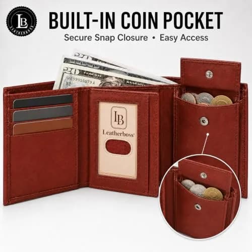 LB LEATHERBOSS Genuine Leather Trifold Wallet for Men & Women | Slim Compact Brown (10.6cm x 8.6cm x 3.5cm) thumbnail 2