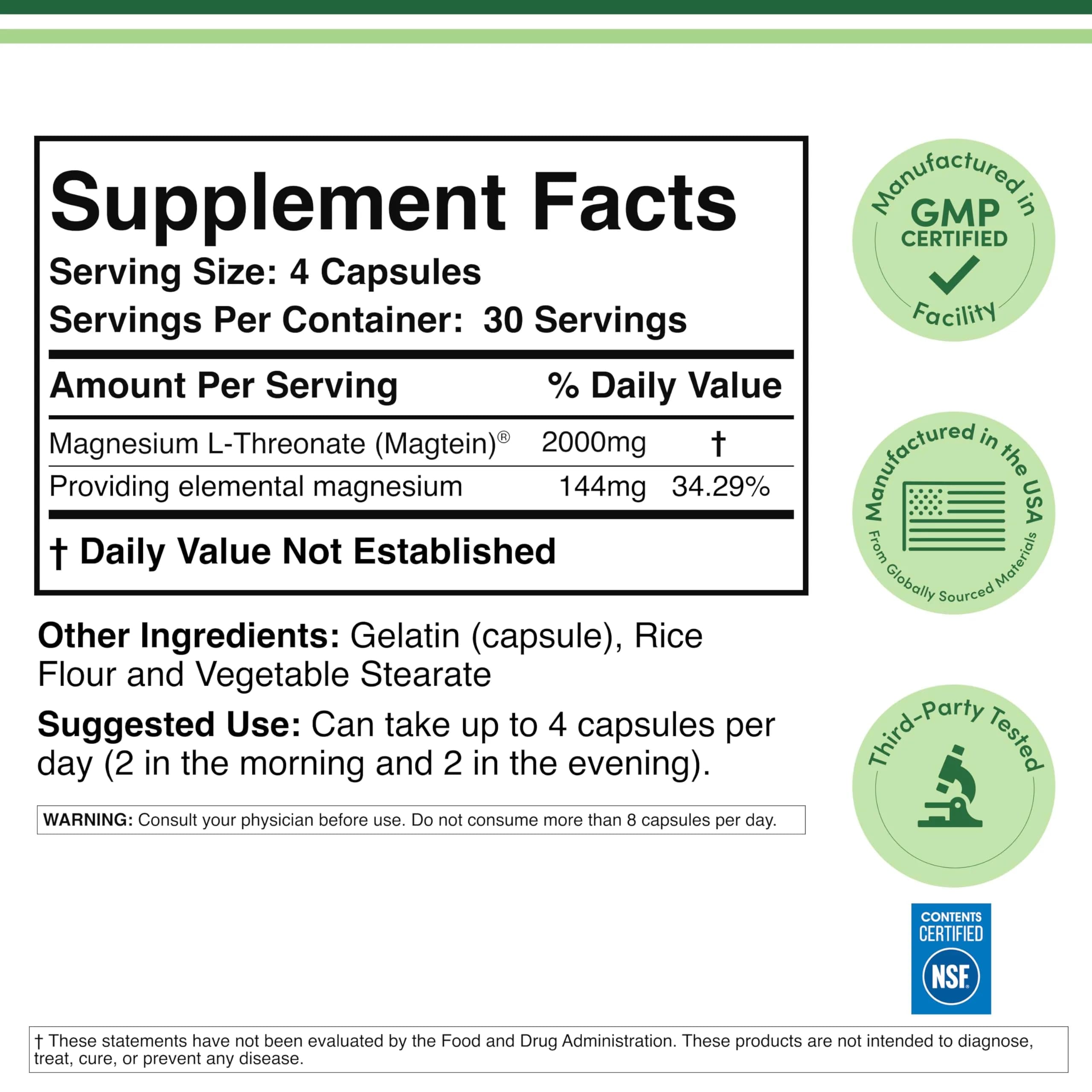 Double Wood Supplements Magnesium L-Threonate Capsules 2,000 mg | High Absorption Brain Support - view 2