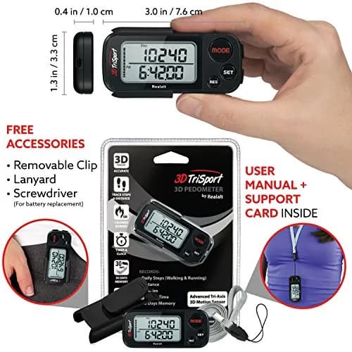 Realalt 3DTriSport Pedometer with Clip & Strap, Accurate Step Counter 7.62 cm (3 in) | Tracks Steps, Distance, Calories, Fat Burned thumbnail 4