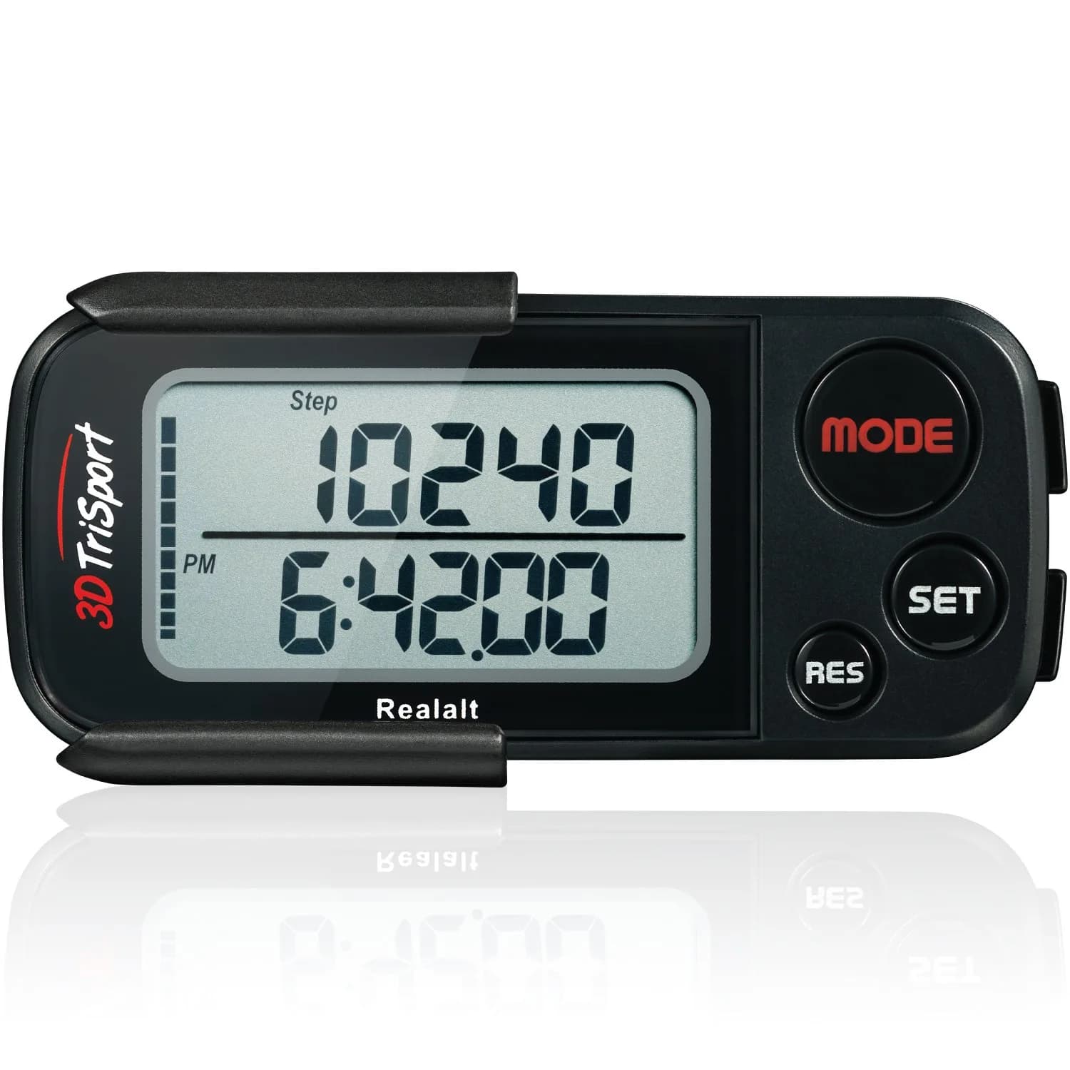 Realalt 3DTriSport Pedometer with Clip & Strap, Accurate Step Counter 7.62 cm (3 in) | Tracks Steps, Distance, Calories, Fat Burned - main product image