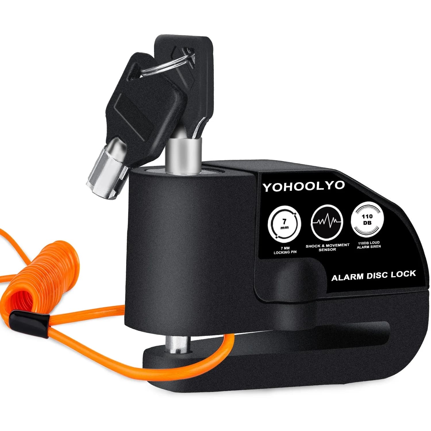 YOHOOLYO Black Alarm Disc Lock for Motorcycles & Scooters | 7mm Pin, 110dB Alarm, 5ft Reminder Cable - main product image