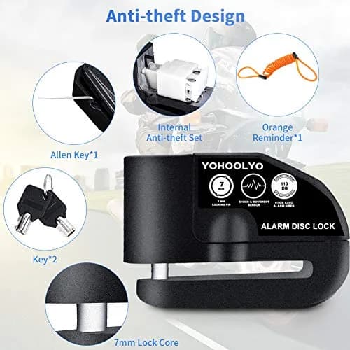 YOHOOLYO Black Alarm Disc Lock for Motorcycles & Scooters | 7mm Pin, 110dB Alarm, 5ft Reminder Cable thumbnail 2