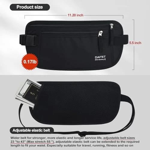 DAITET RFID Blocking Money Belt Passport Holder with Hidden Travel Wallet & Fanny Pack (Black, 27.9 cm x 14 cm) thumbnail 4