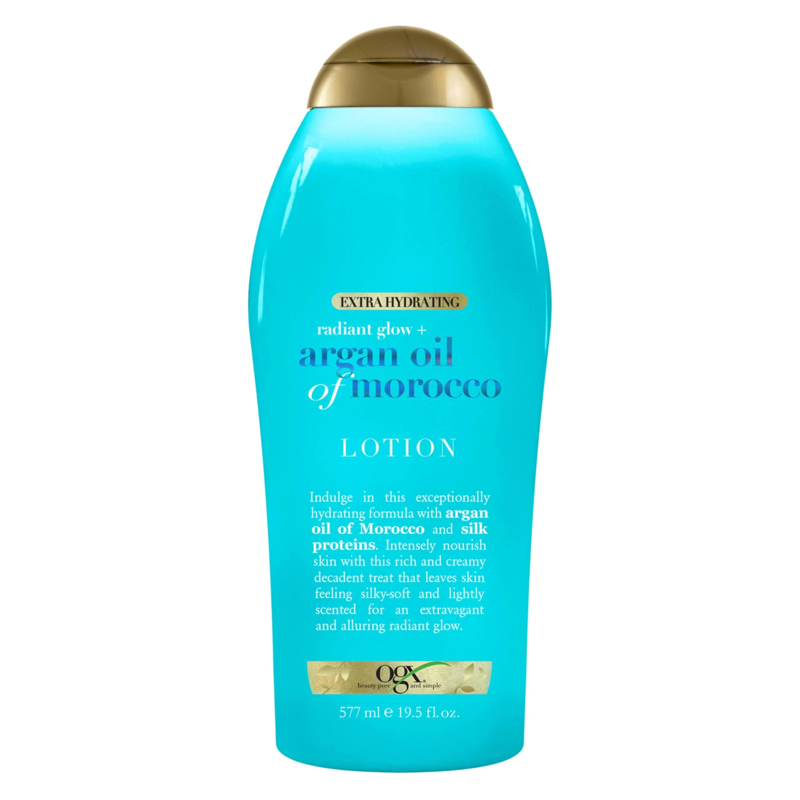 OGX Extra Hydrating Radiant Glow + Argan Oil of Morocco Lotion, 19.5 oz | Nourishing Body Moisturizer for Dry Skin — BLUE