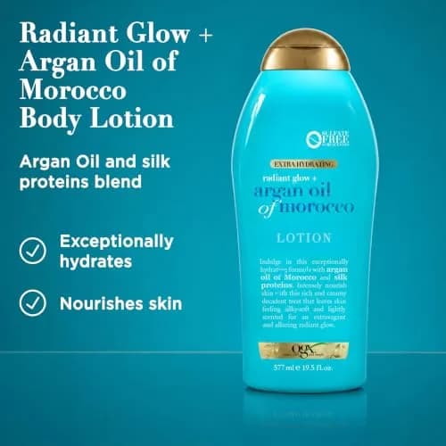 OGX Extra Hydrating Radiant Glow + Argan Oil of Morocco Lotion, 19.5 oz | Nourishing Body Moisturizer for Dry Skin thumbnail 2