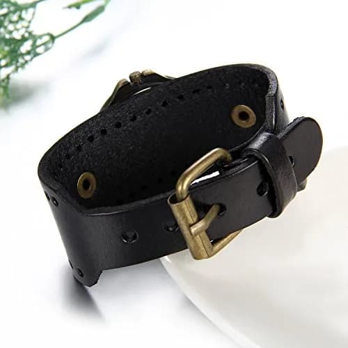 JewelryWe Vintage Leather Cuff Watch Punk Analog Quartz Wristwatch | Retro Punk Style, Adjustable 7.5-8.7 Inch Band thumbnail 4