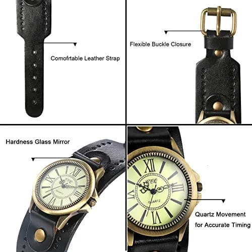 JewelryWe Vintage Leather Cuff Watch Punk Analog Quartz Wristwatch | Retro Punk Style, Adjustable 7.5-8.7 Inch Band thumbnail 5