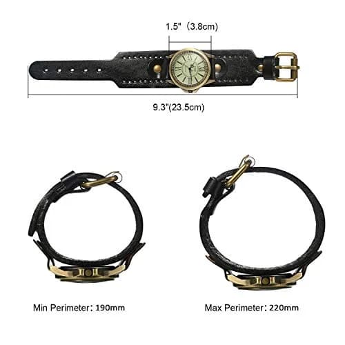 JewelryWe Vintage Leather Cuff Watch Punk Analog Quartz Wristwatch | Retro Punk Style, Adjustable 7.5-8.7 Inch Band thumbnail 6