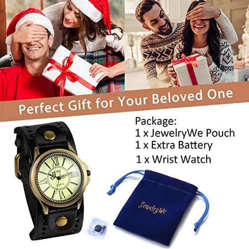 JewelryWe Vintage Leather Cuff Watch Punk Analog Quartz Wristwatch | Retro Punk Style, Adjustable 7.5-8.7 Inch Band thumbnail 8