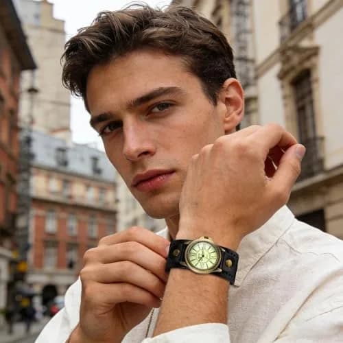 JewelryWe Vintage Leather Cuff Watch Punk Analog Quartz Wristwatch | Retro Punk Style, Adjustable 7.5-8.7 Inch Band thumbnail 2