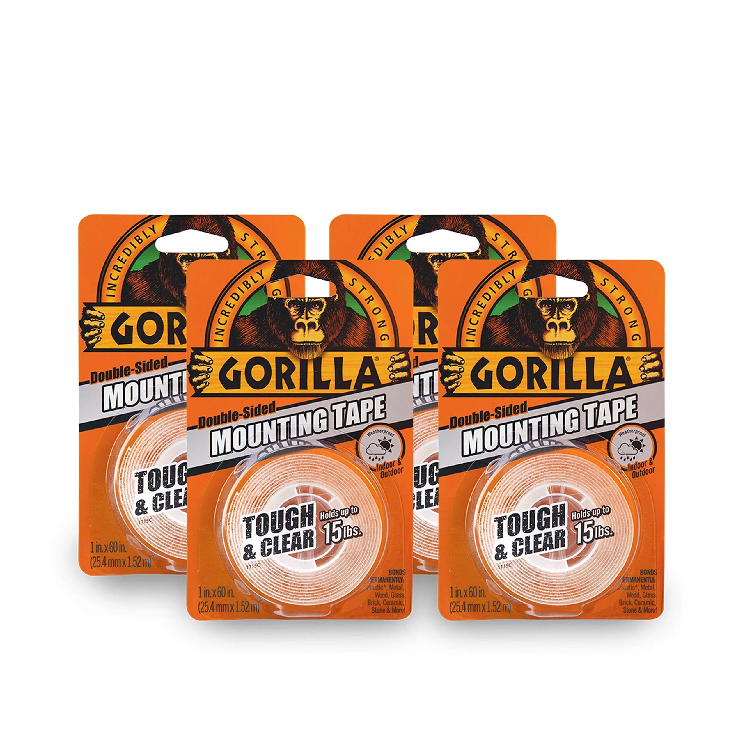 Gorilla Tough & Clear Double Sided Mounting Tape 1" x 60" (2.54cm x 152.4cm) — 6 Rolls | Holds Up to 15 lbs — Pack of 4