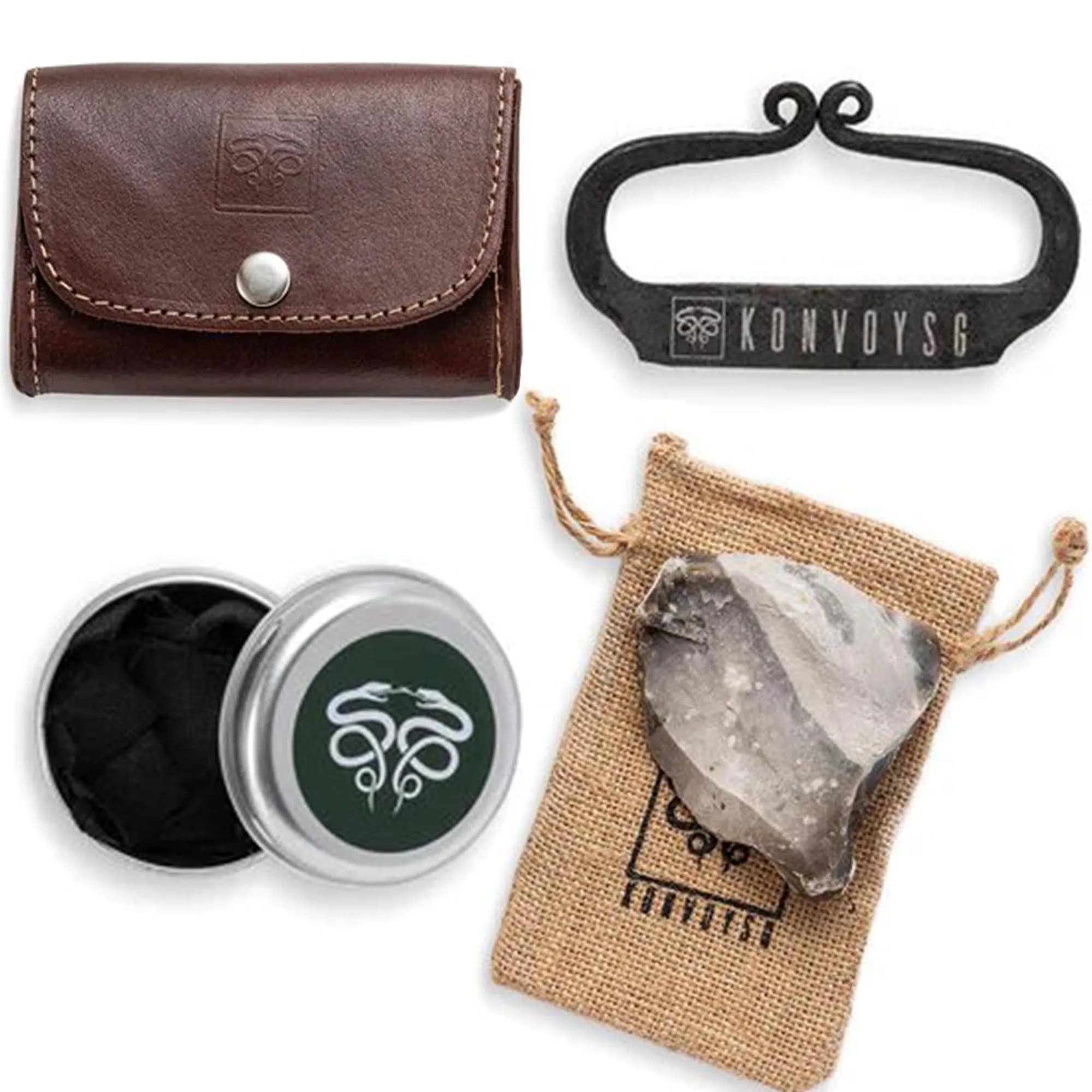 KonvoySG The Artisan Heritage Fire Kit – Hand-Forged Carbon Steel & English Flint | Primitive Firecraft in Leather Pouch — COGNAC