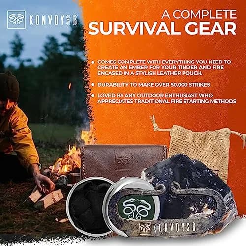KonvoySG The Artisan Heritage Fire Kit – Hand-Forged Carbon Steel & English Flint | Primitive Firecraft in Leather Pouch thumbnail 3