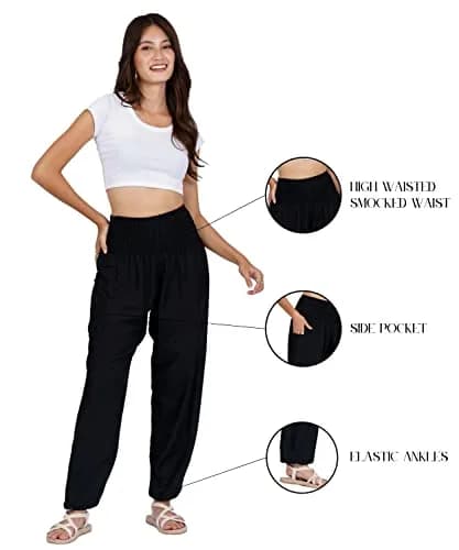 LOFBAZ Harem Pants for Women Yoga Boho Hippie Flowy Summer Clothing Womens Palazzo Bohemian Pajama Beach Indian Gypsy Clothes Solid 1 Black L | Comfortable & Versatile thumbnail 3