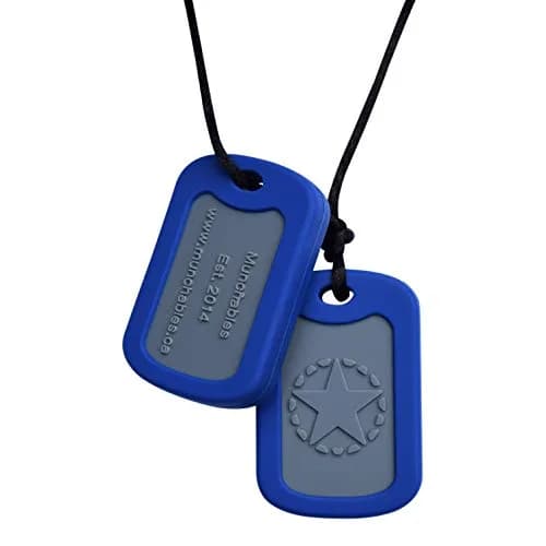 Munchables Military Dog Tags Sensory Chew Necklace (Navy) | Safe Food Grade Silicone, Autism & ADHD Aid, Stylish Chewelry for Kids & Adults — Navy