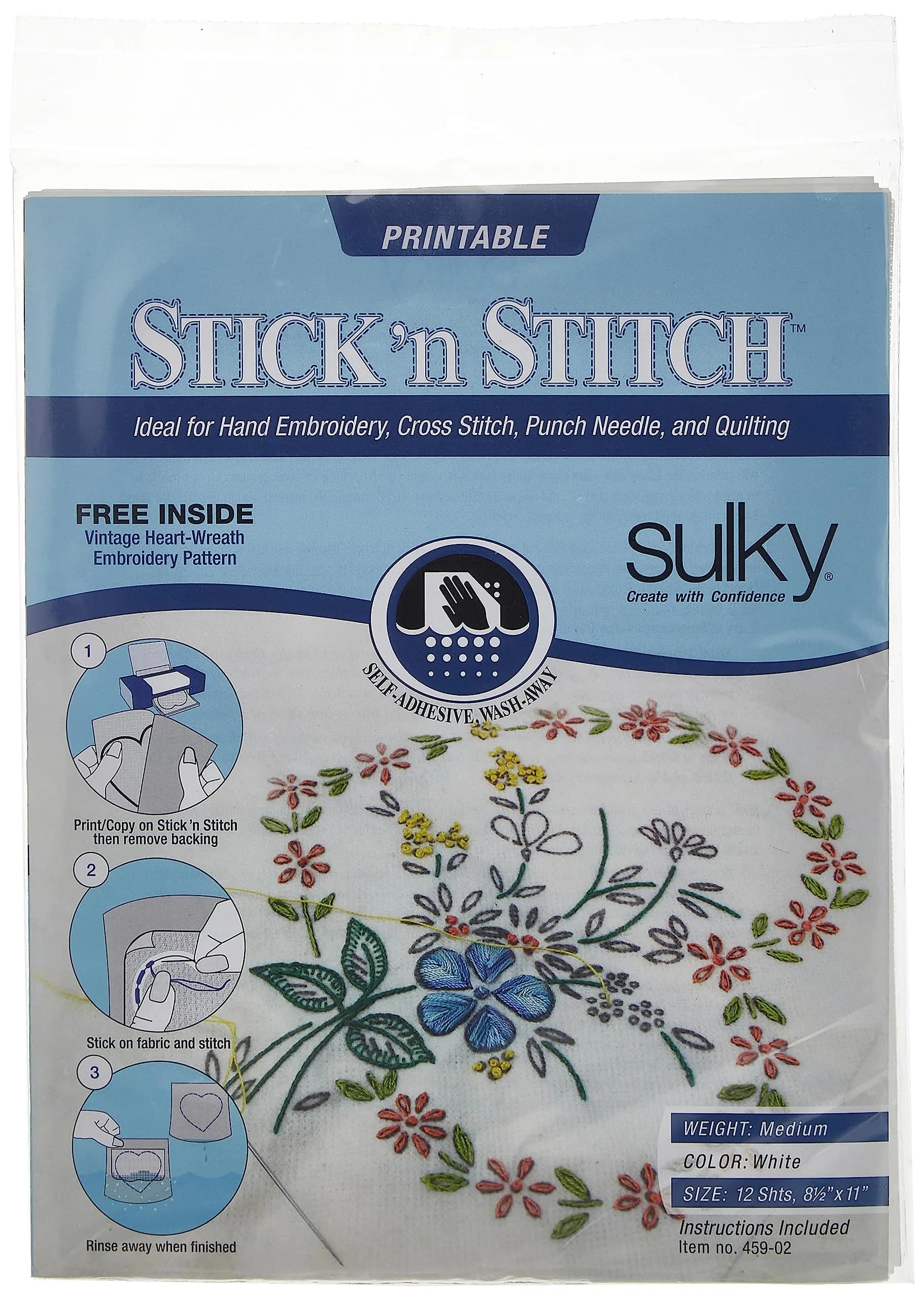 Sulky Stick 'n Stitch Printable Stabilizer Sheets 12/Pkg-White, 21.6 cm x 27.9 cm (8.5"x11") | Easy Wash-Away Stabilizer for Embroidery — White