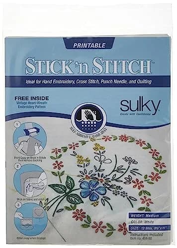 Sulky Stick 'n Stitch Printable Stabilizer Sheets 12/Pkg-White, 21.6 cm x 27.9 cm (8.5"x11") | Easy Wash-Away Stabilizer for Embroidery thumbnail 1