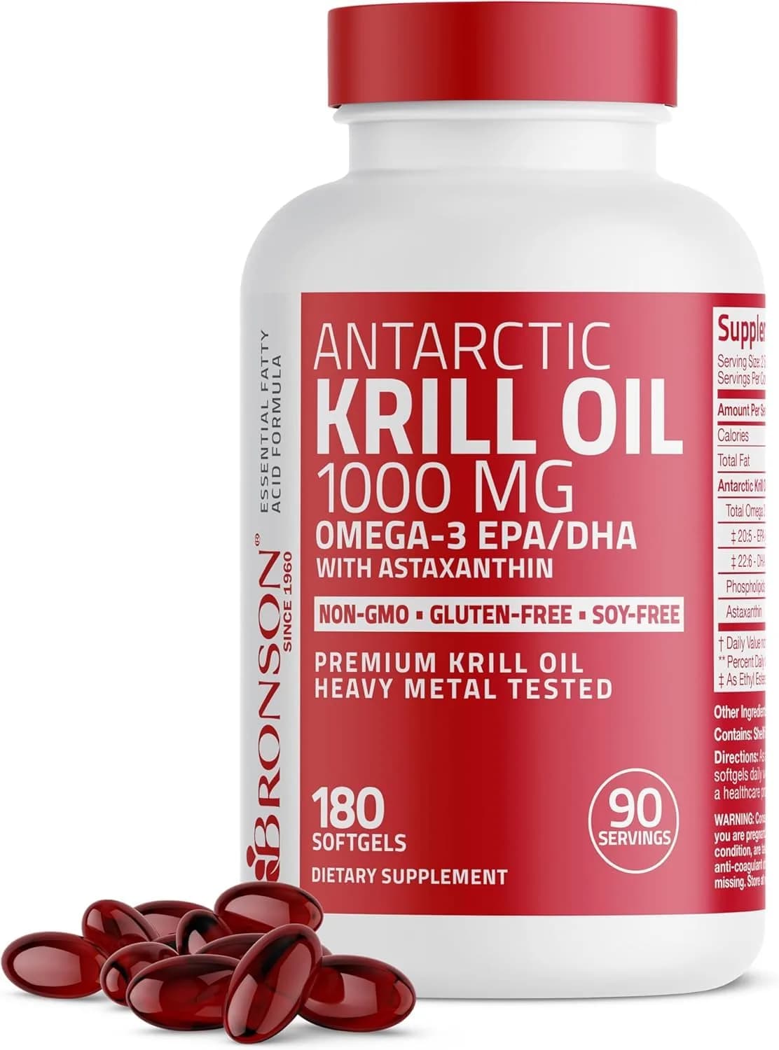 Bronson Antarctic Krill Oil 1000 mg with Omega-3s, 180 Softgels | Omega-3 DHA EPA Astaxanthin — Multi