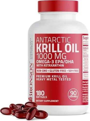 Bronson Antarctic Krill Oil 1000 mg with Omega-3s, 180 Softgels | Omega-3 DHA EPA Astaxanthin thumbnail 1