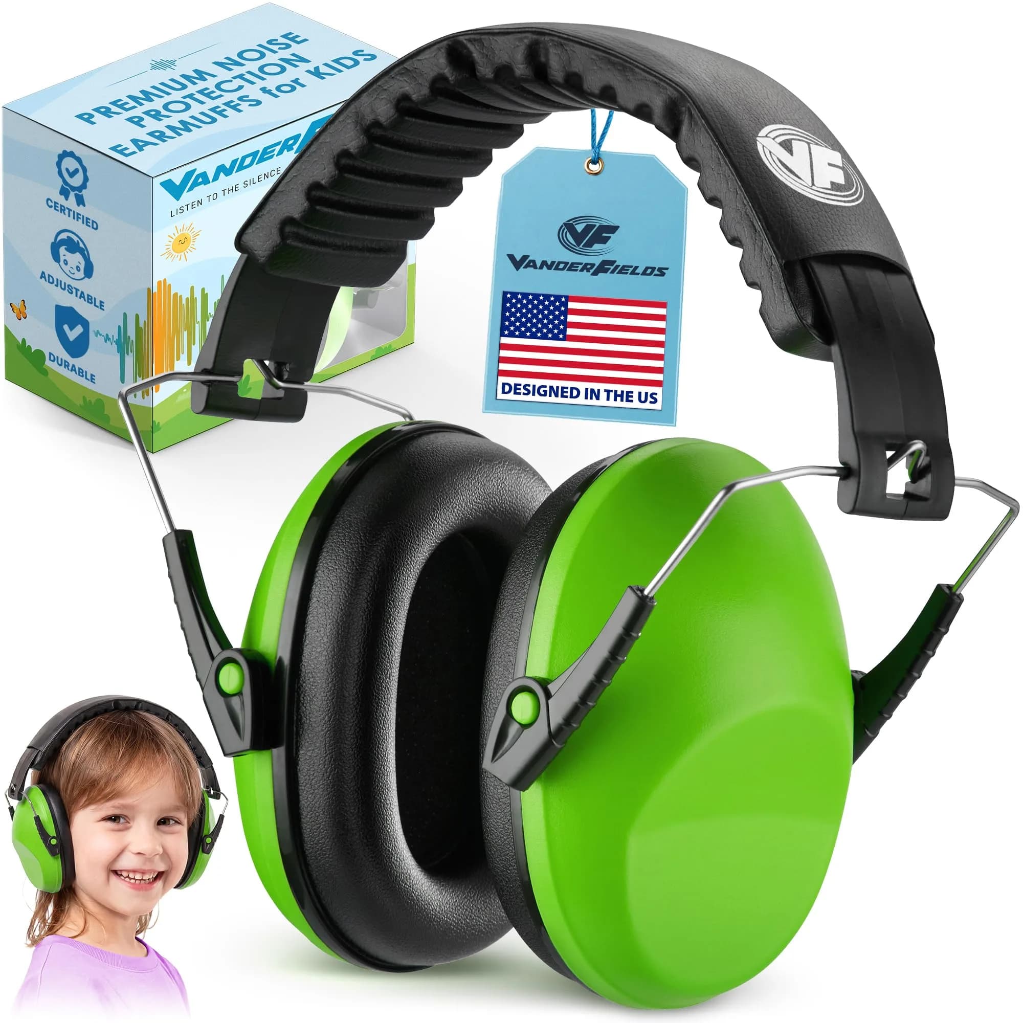 Vanderfields Kids Noise Canceling Headphones - Green Fields - 20 dB NRR (19 dB NRR / 24 dB SNR) — Green Fields