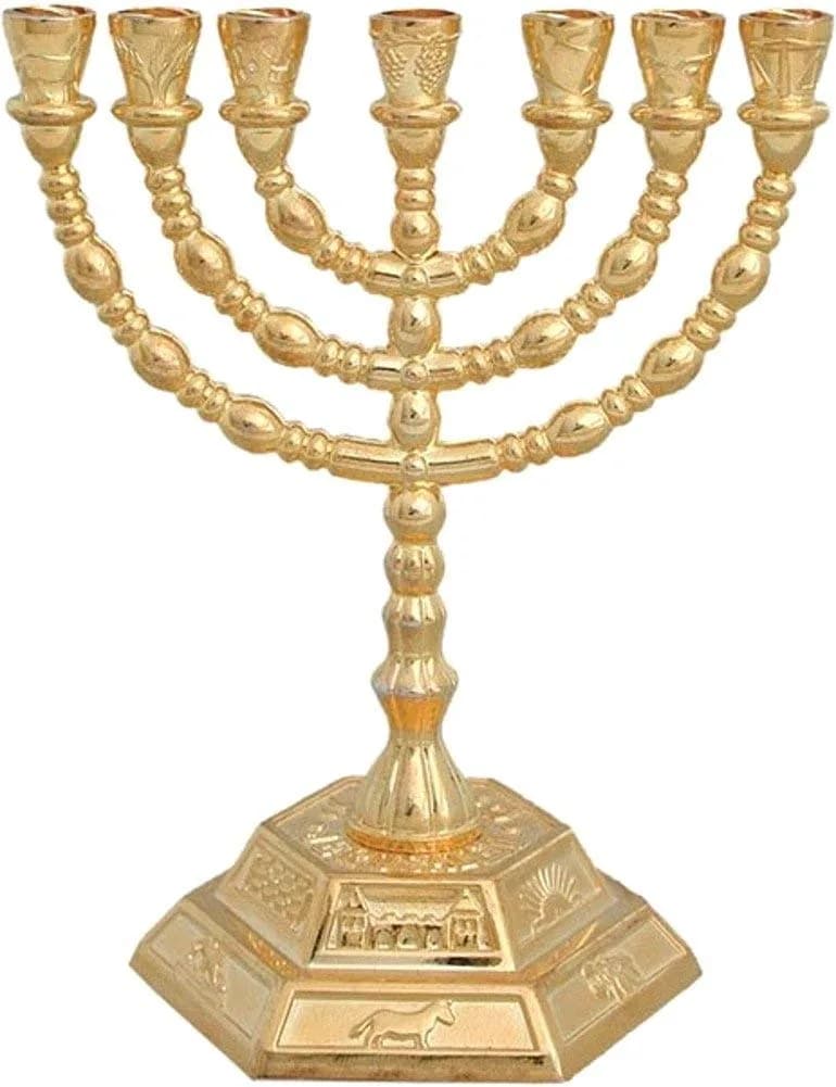 Holy Land Market 7 Branch Menorah, Gold, 5 in, Hexagonal Base | Authentic Judaica for Hanukkah & Shabbat — Gold