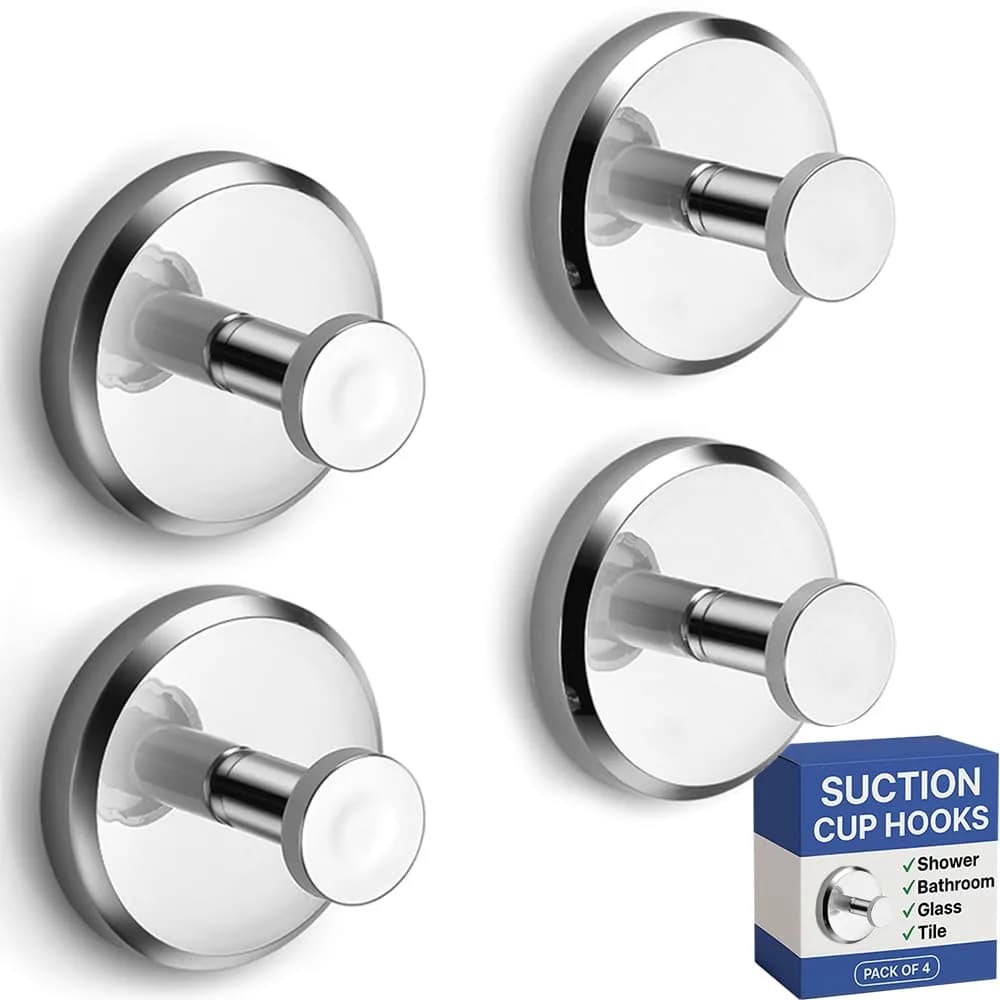 HOME SO Heavy Duty Suction Cup Hooks with Twist-Lock 4-Pack Chrome | Bathroom Towel Holder for Glass, Tile, Mirrors