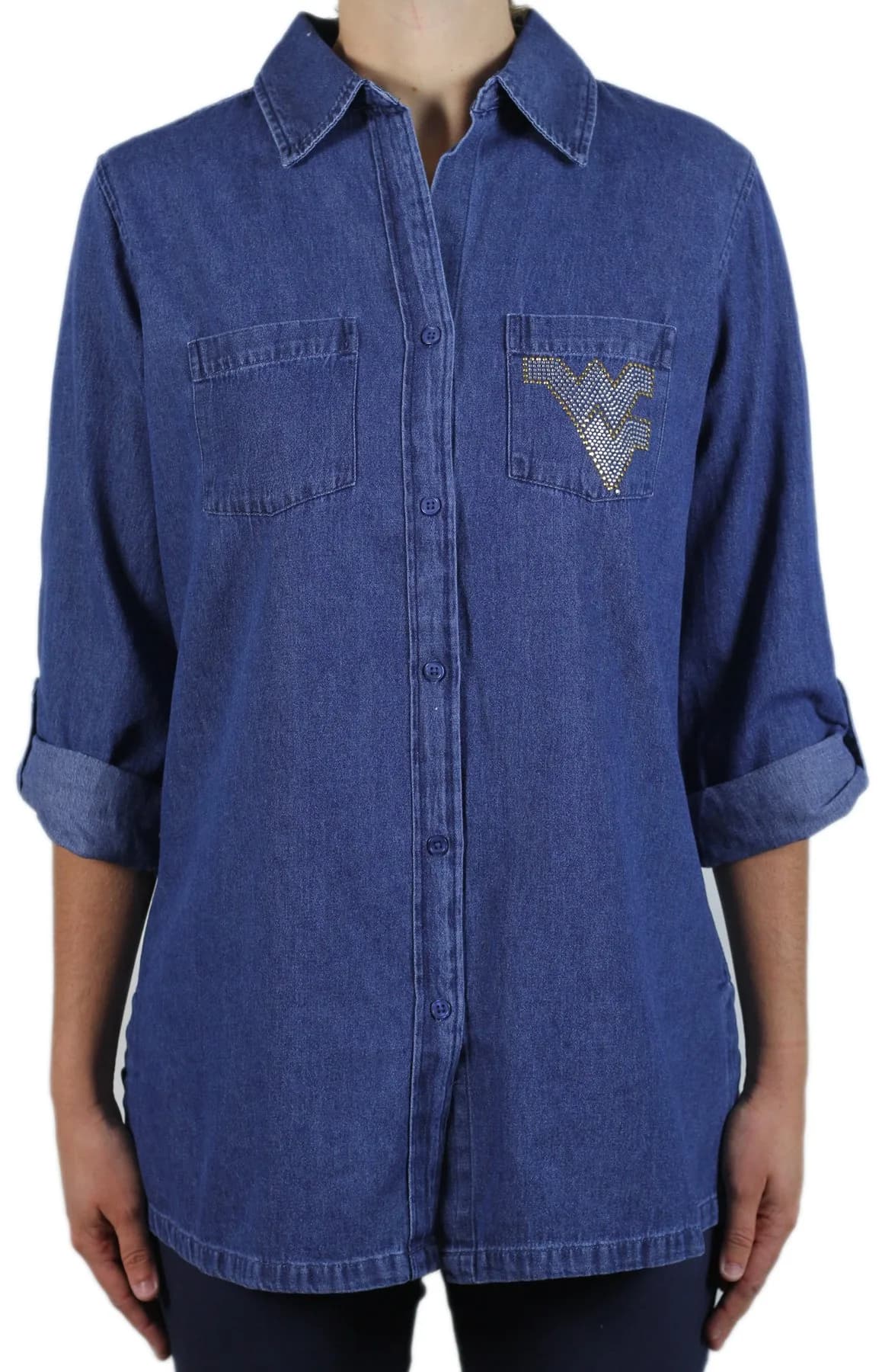 Nitro USA NCAA West Virginia Mountaineers T-Shirt Small Denim | Missy Fit, Rhinestone Embellished