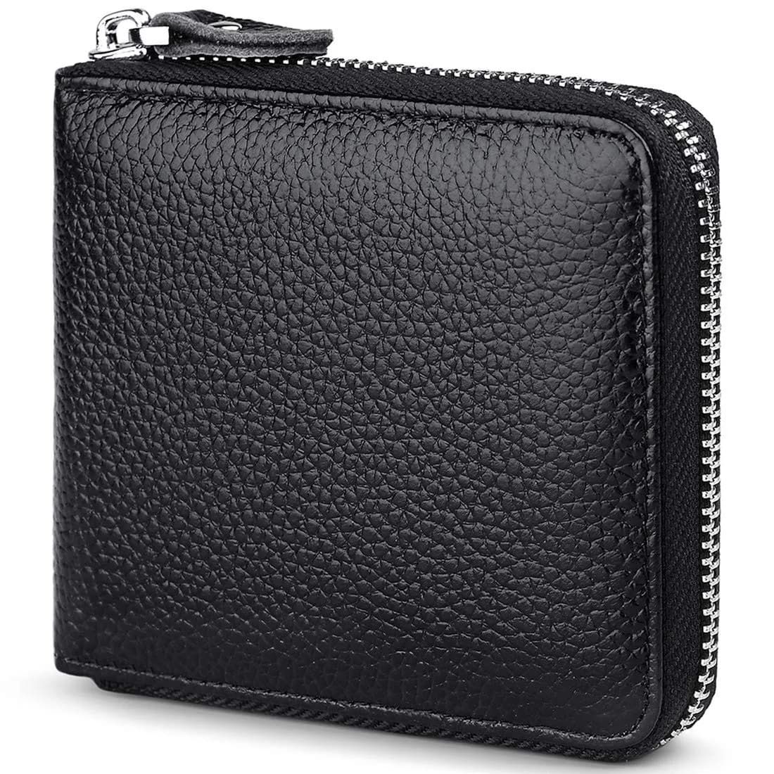 Huztencor Genuine Leather RFID Blocking Zipper Wallet for Men | Black, 11.5cm x 10.5cm x 2cm (4.5" x 4.1" x 0.8") — Black