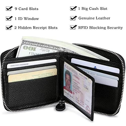 Huztencor Genuine Leather RFID Blocking Zipper Wallet for Men | Black, 11.5cm x 10.5cm x 2cm (4.5" x 4.1" x 0.8") thumbnail 5