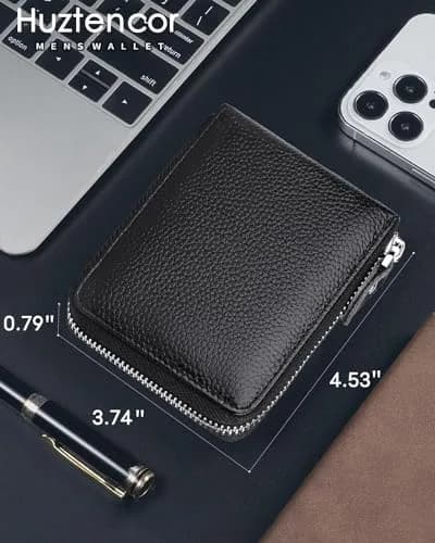 Huztencor Genuine Leather RFID Blocking Zipper Wallet for Men | Black, 11.5cm x 10.5cm x 2cm (4.5" x 4.1" x 0.8") thumbnail 3