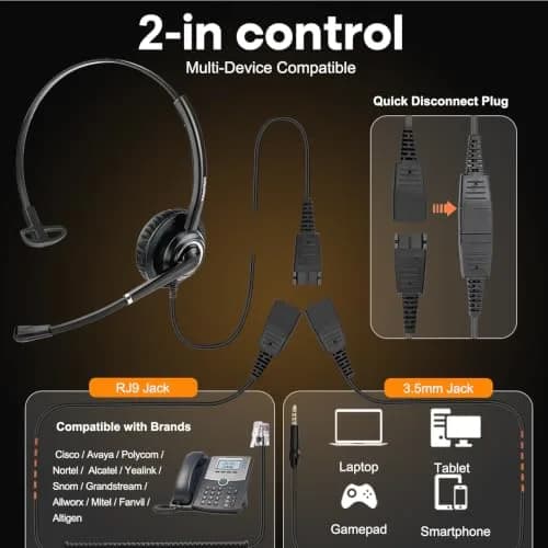 MAIRDI Monaural Office Headset with RJ9 & 3.5mm Connectors | Noise-Cancelling Microphone & HD Audio thumbnail 4