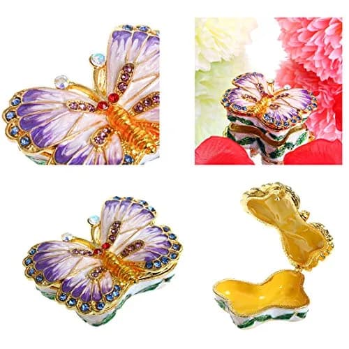 YU FENG Butterfly Trinket Box Hinged Jewelry Box Ring Holder Figurine | Elegant Hand-Painted Enamel with Rhinestones thumbnail 6