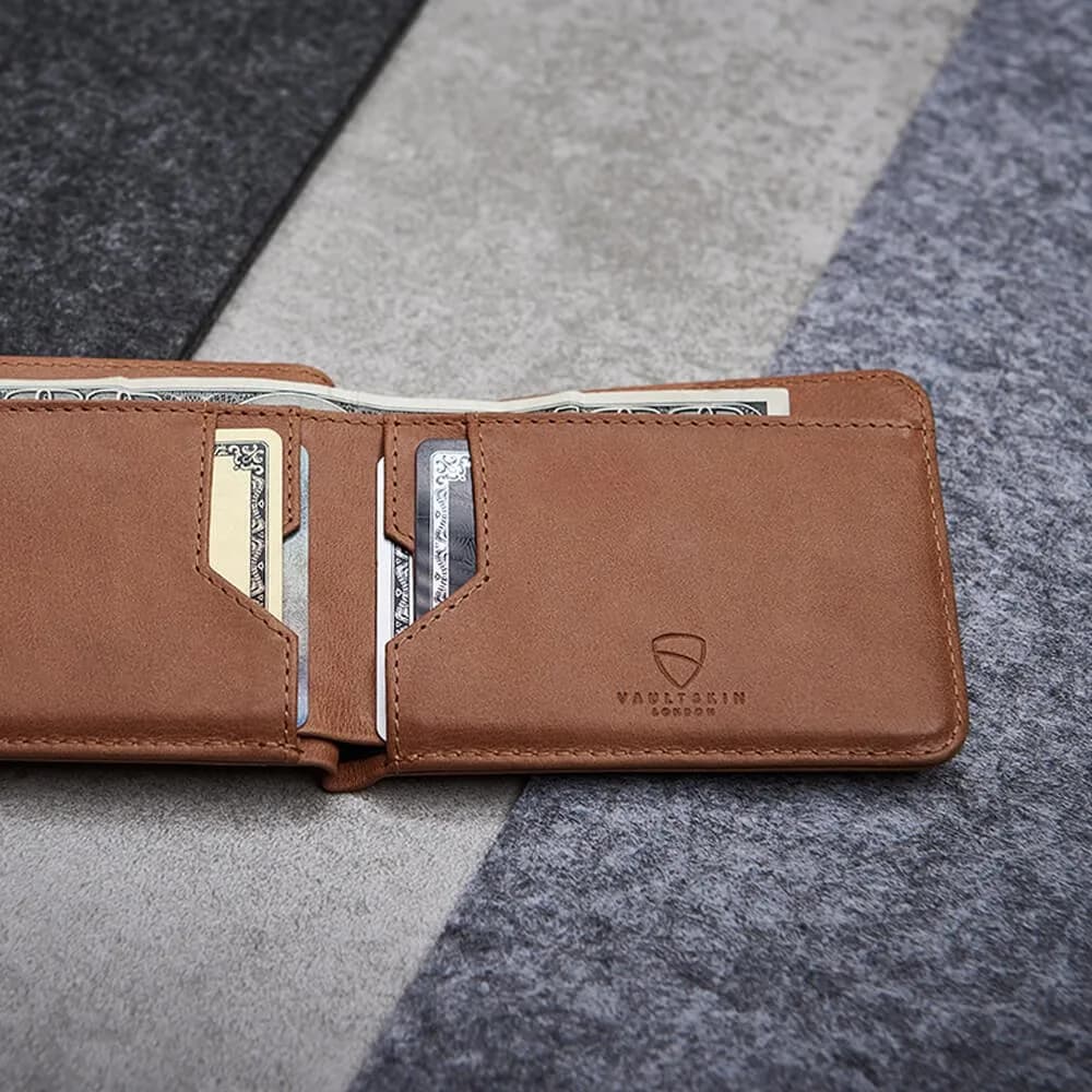 Vaultskin Manhattan Slim Leather Bifold RFID Wallet for Men (Cognac) | RFID Blocking Security for Cards & Bills - view 3