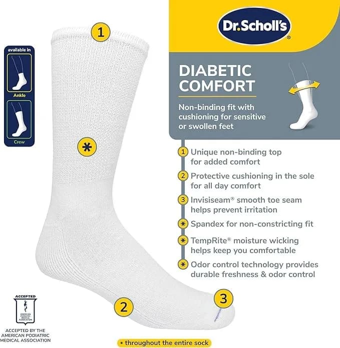 Dr. Scholl's Men's Diabetic & Circulatory Crew Socks (4 Pairs, Shoe Size 7-12) | APMA Accepted for Foot Health thumbnail 5